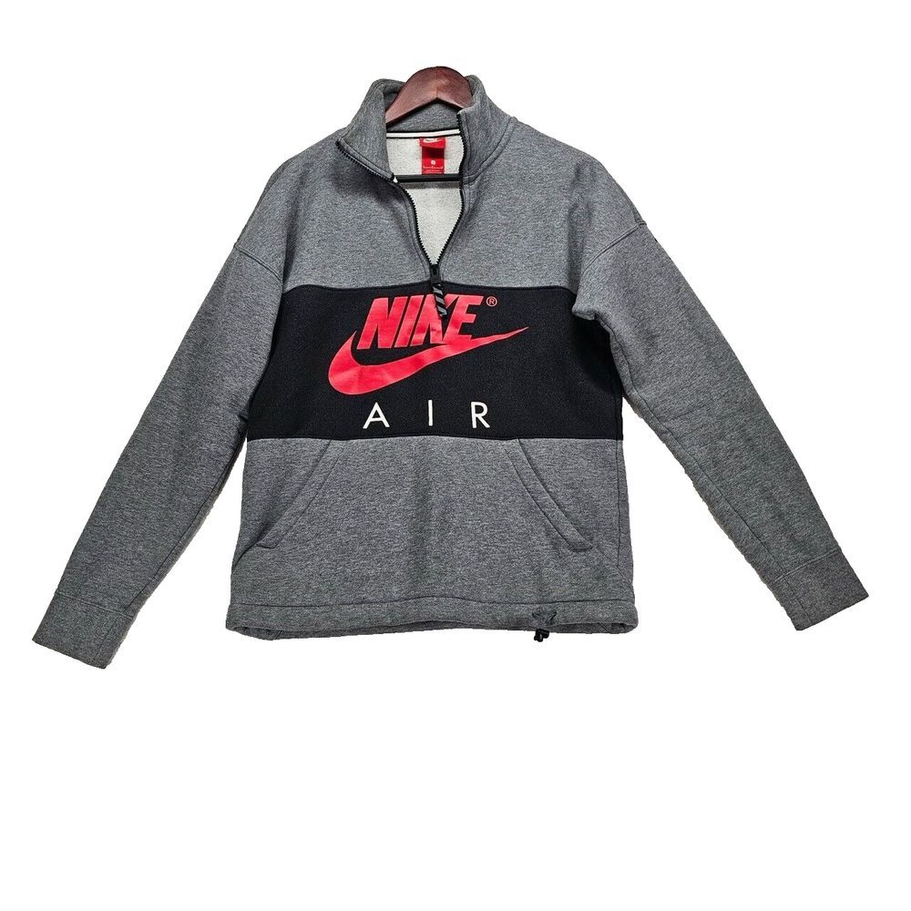 Nike Air Fleece 1/4 Zip Pullover Sweatshirt Spellout Swoosh Gray Black Men S EUC